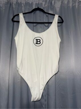 Balmain White Scoop-Neck One-Piece Swimsuit with Center Logo